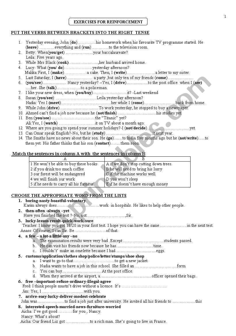 EXERCISES FOR REINFORCEMENT worksheet