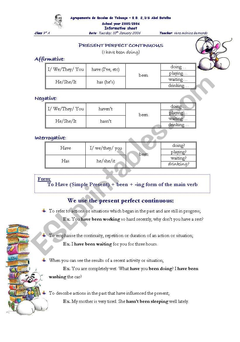 Present perfect continuous worksheet