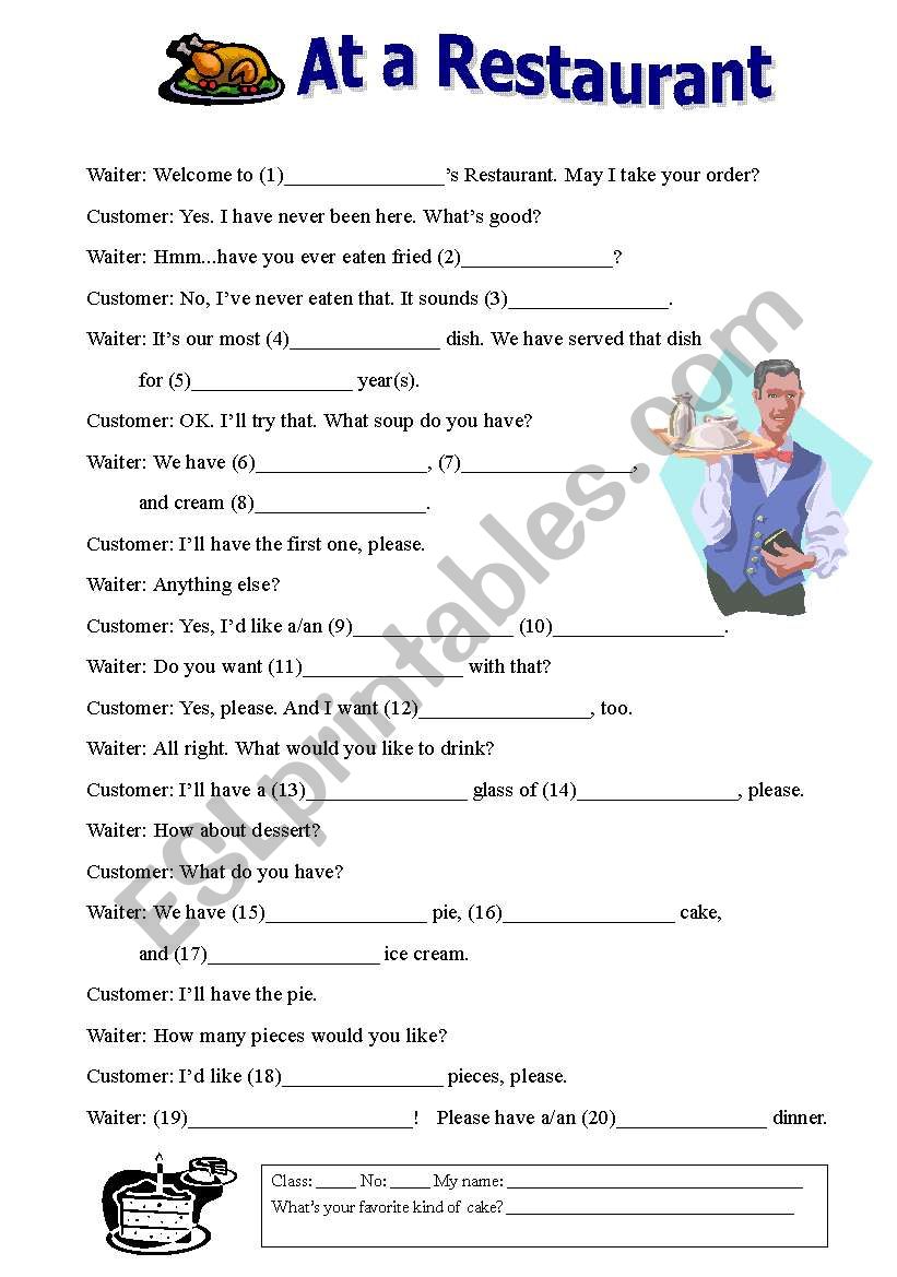 Restaurant Madlibs worksheet