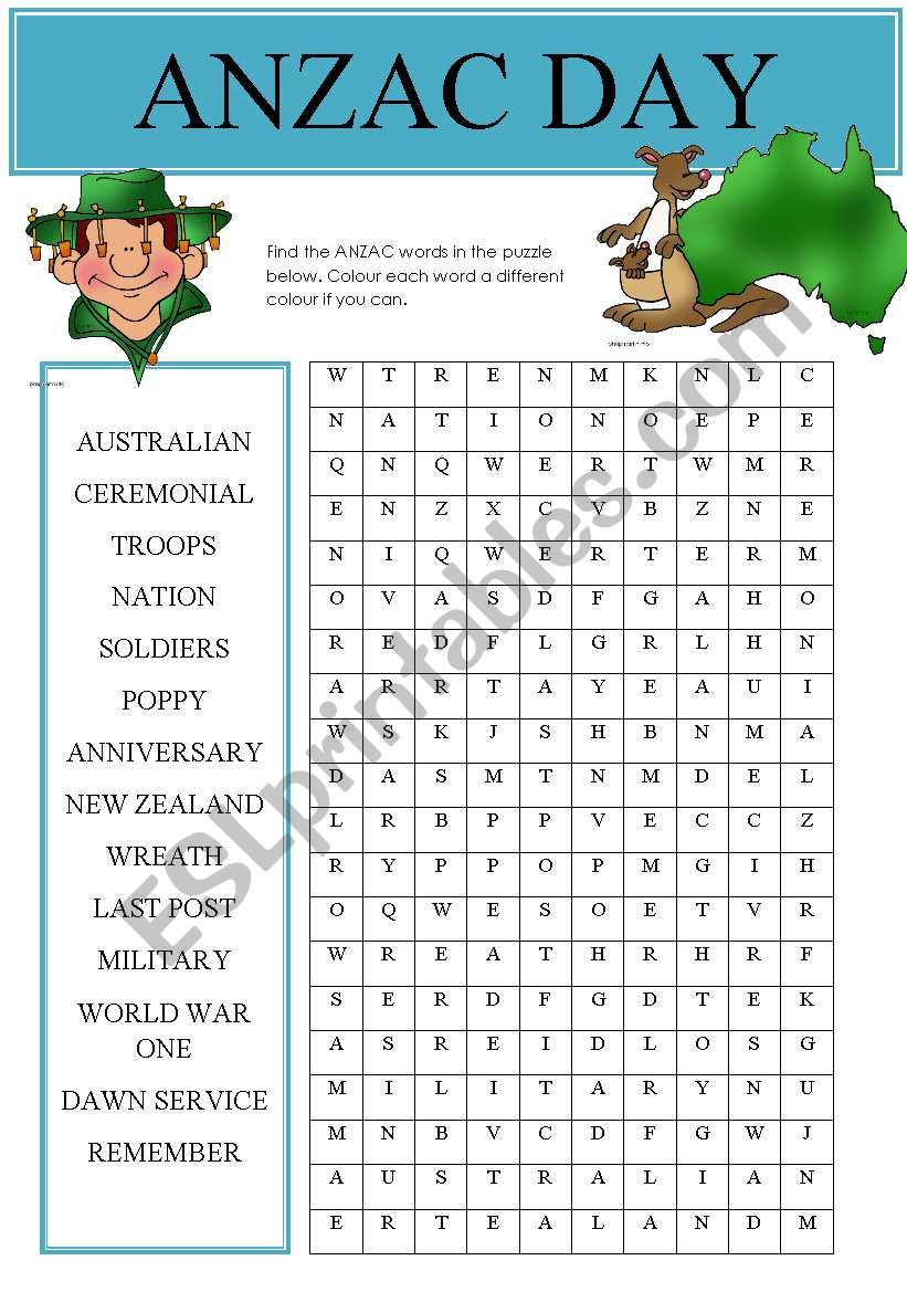 Anzac Day find a word (Part 2- Anzac worksheets)