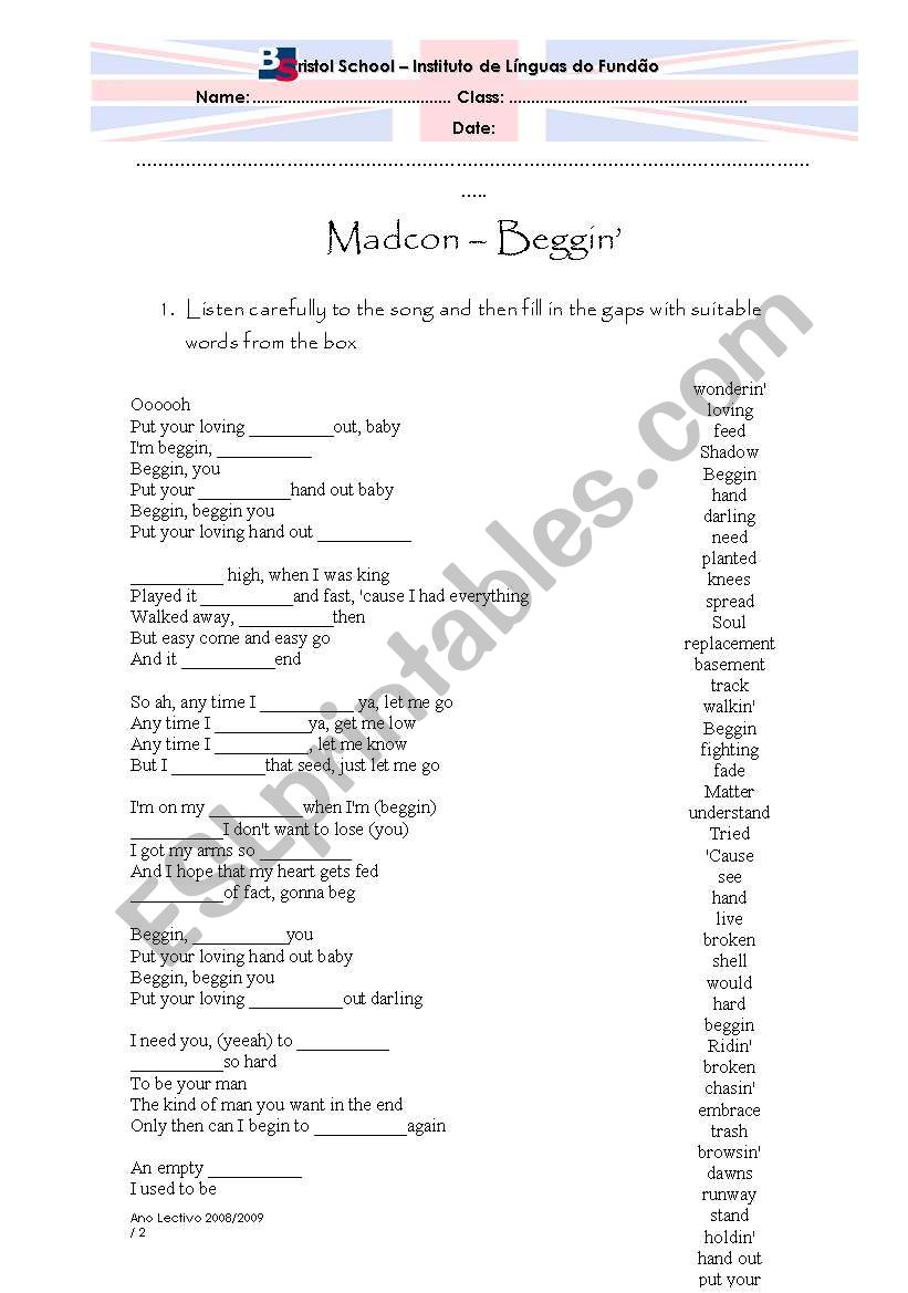 Madcon - beggin worksheet