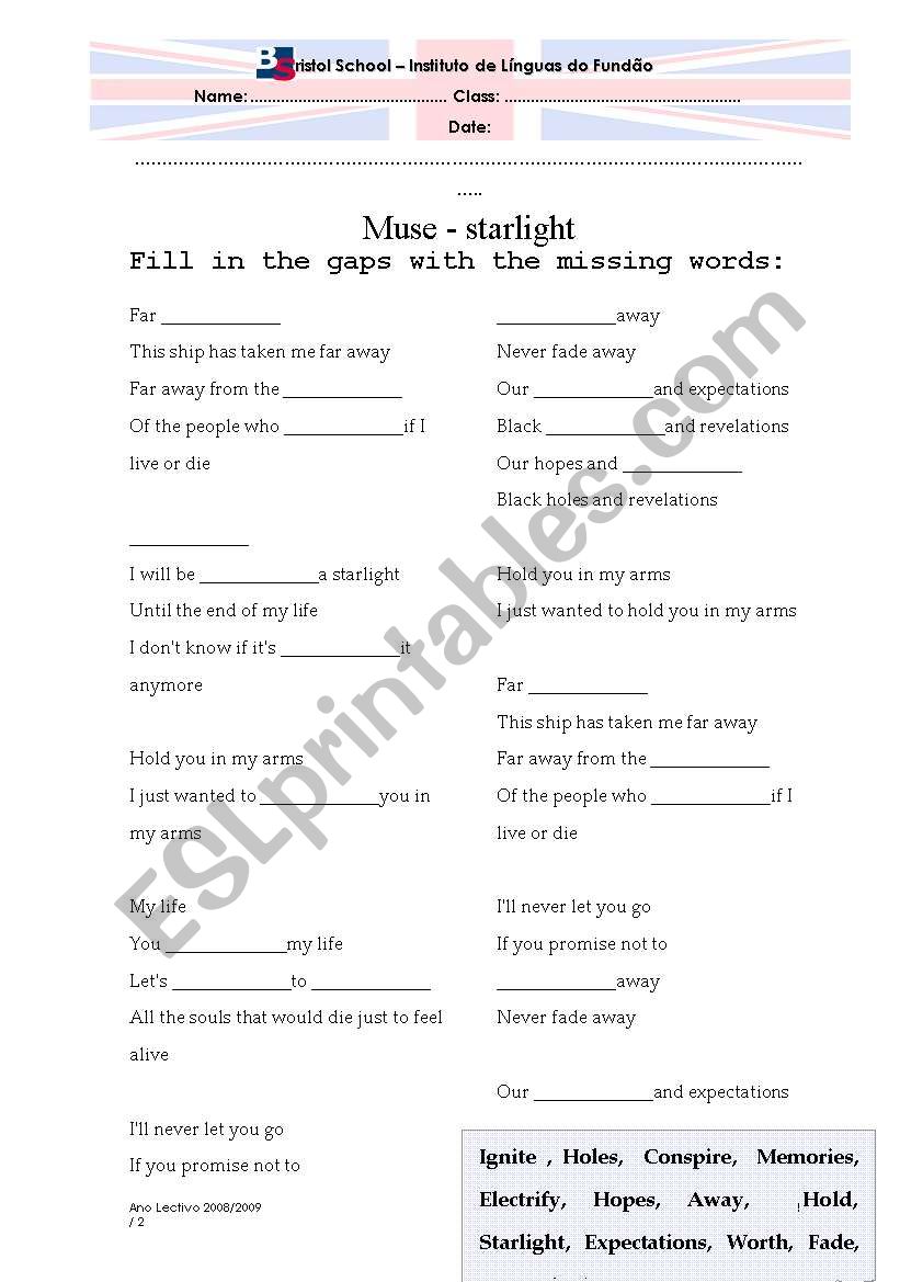 Muse - Starlight worksheet