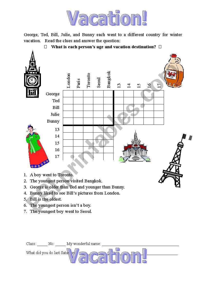 Vacation Logic Puzzle worksheet