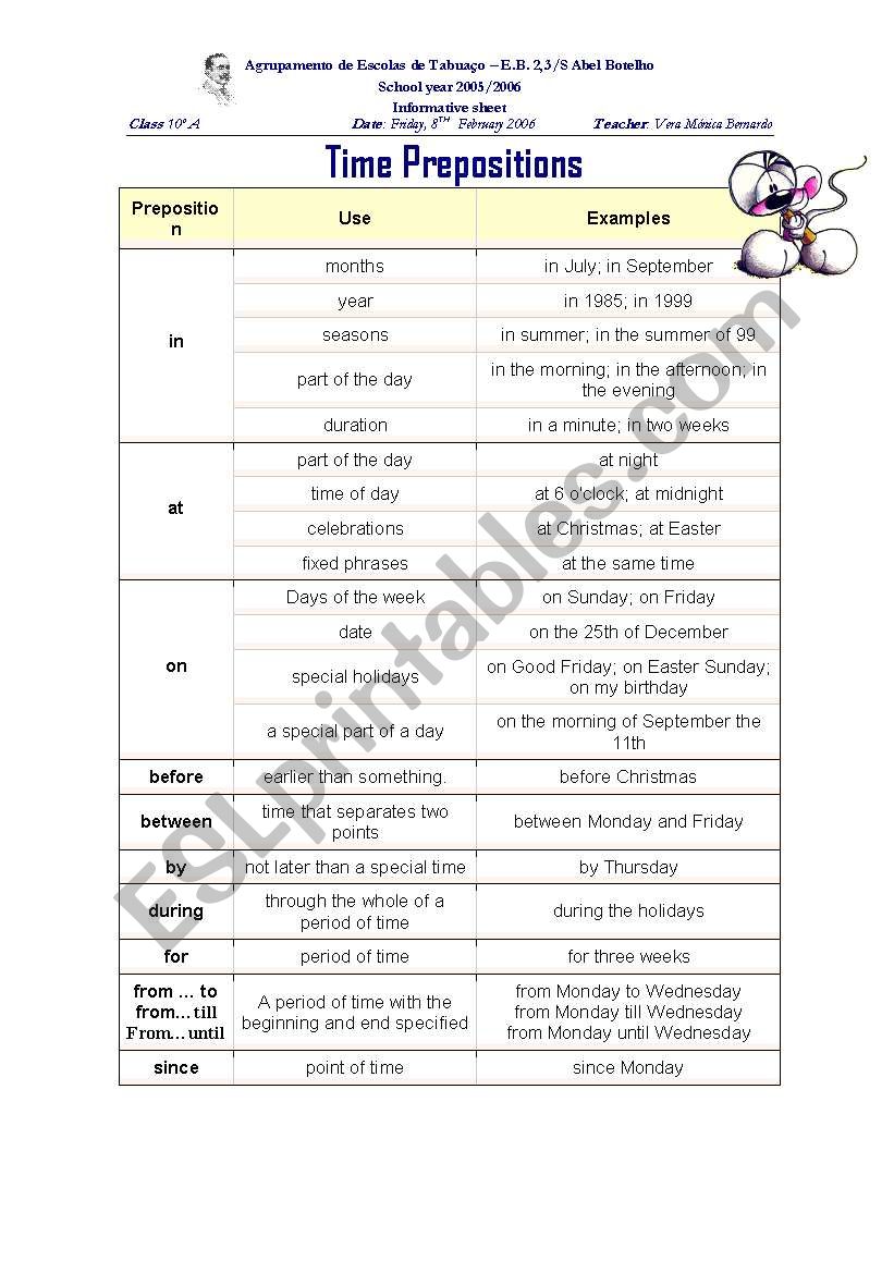 Time prepositions worksheet