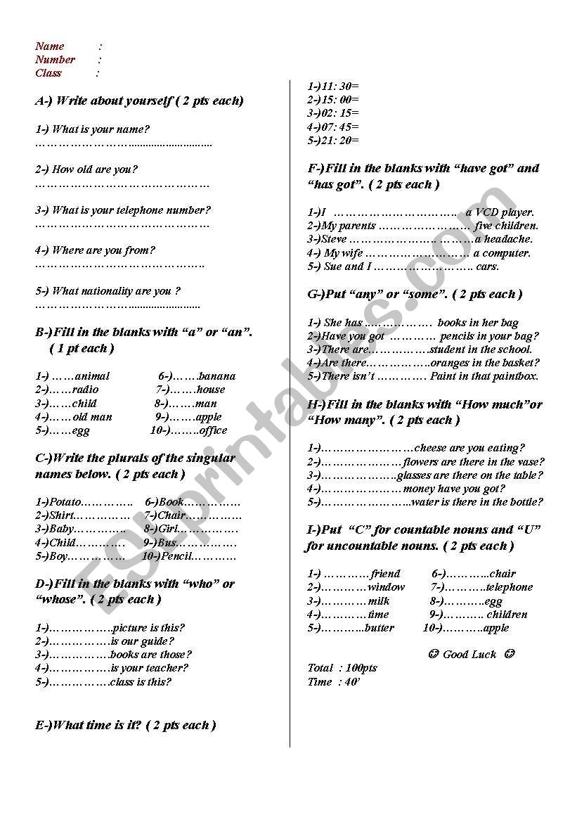 6th grade test worksheet