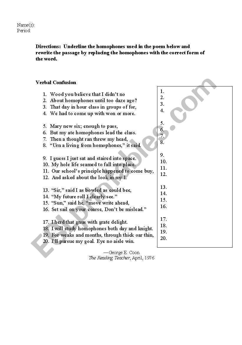 VERBAL CONFUSION worksheet