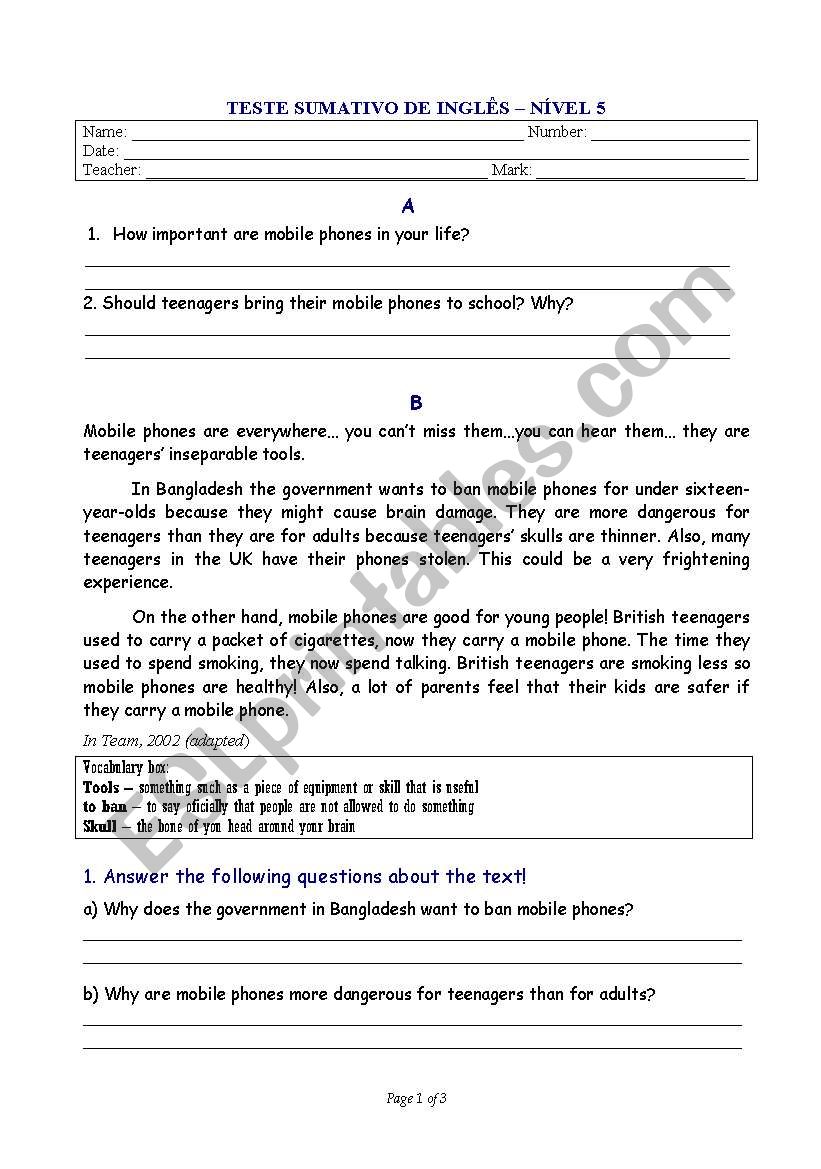 Formative test worksheet