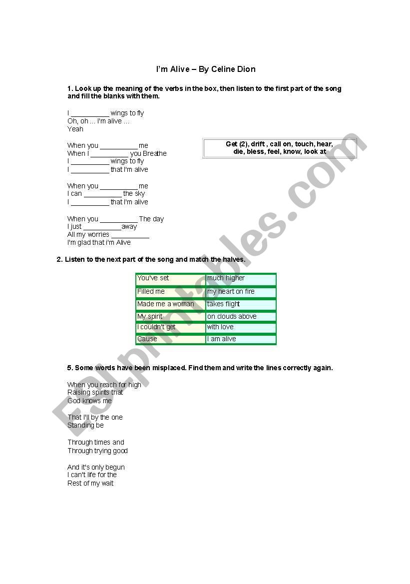 Im alive - song worksheet