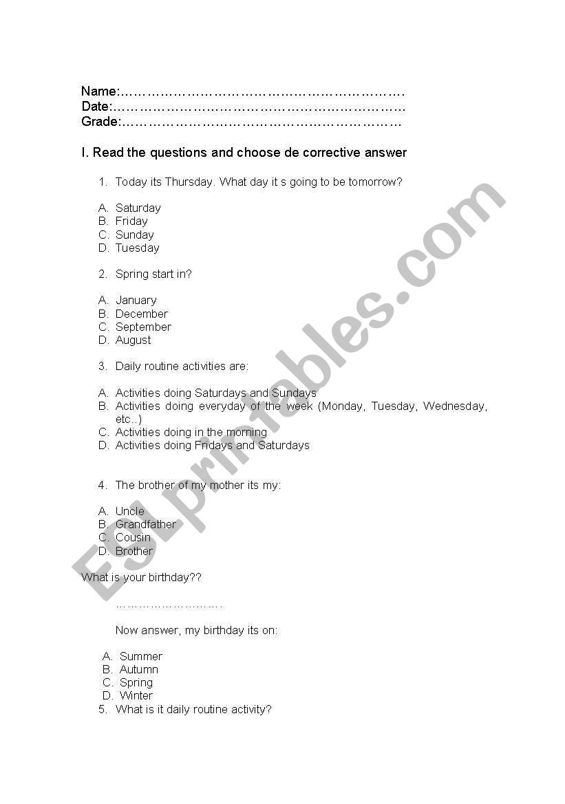 test worksheet