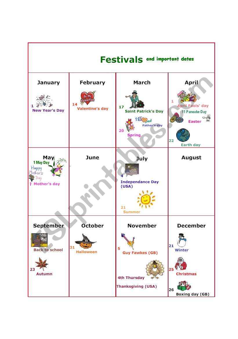 Calendar - Important Dates worksheet