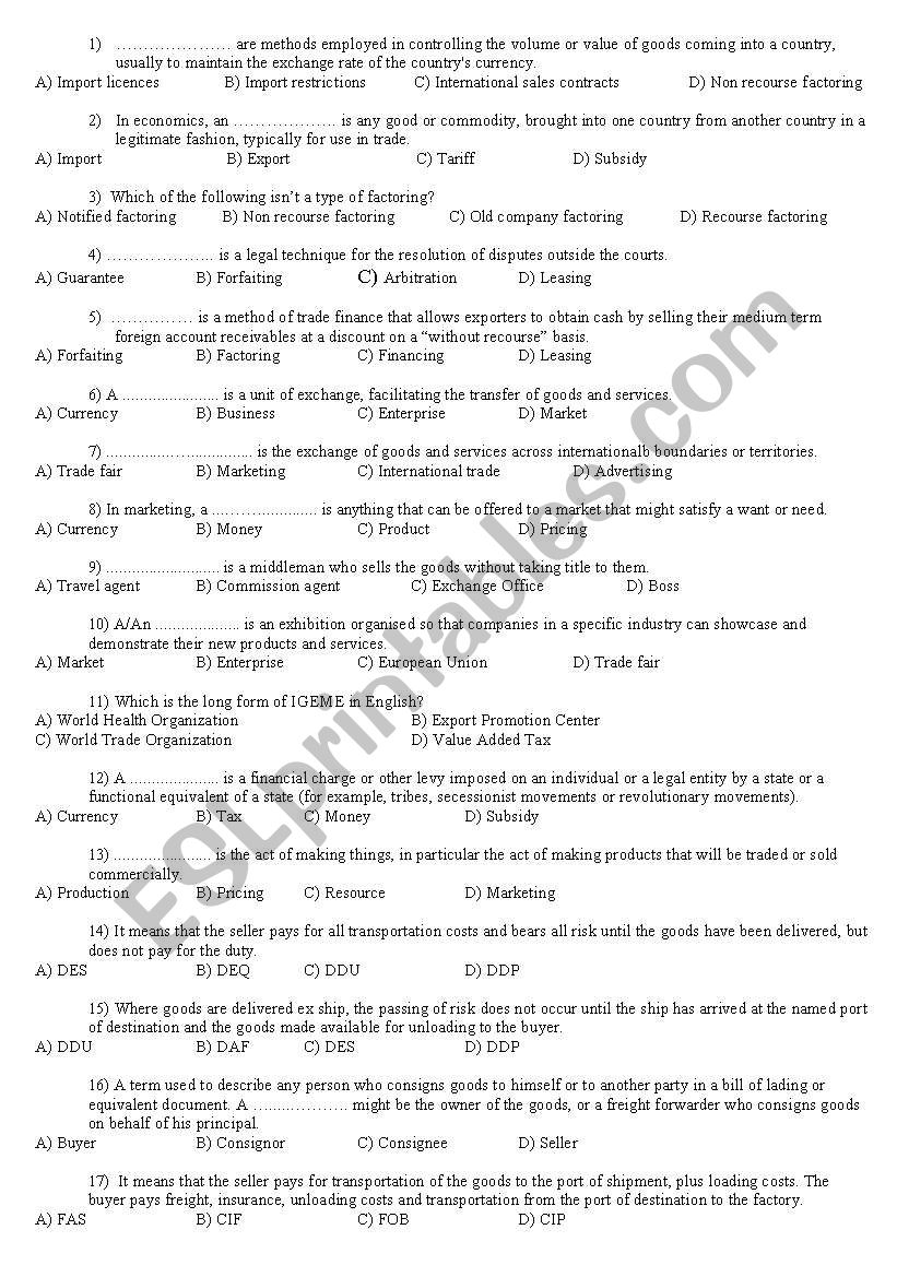 Foreign trade worksheet