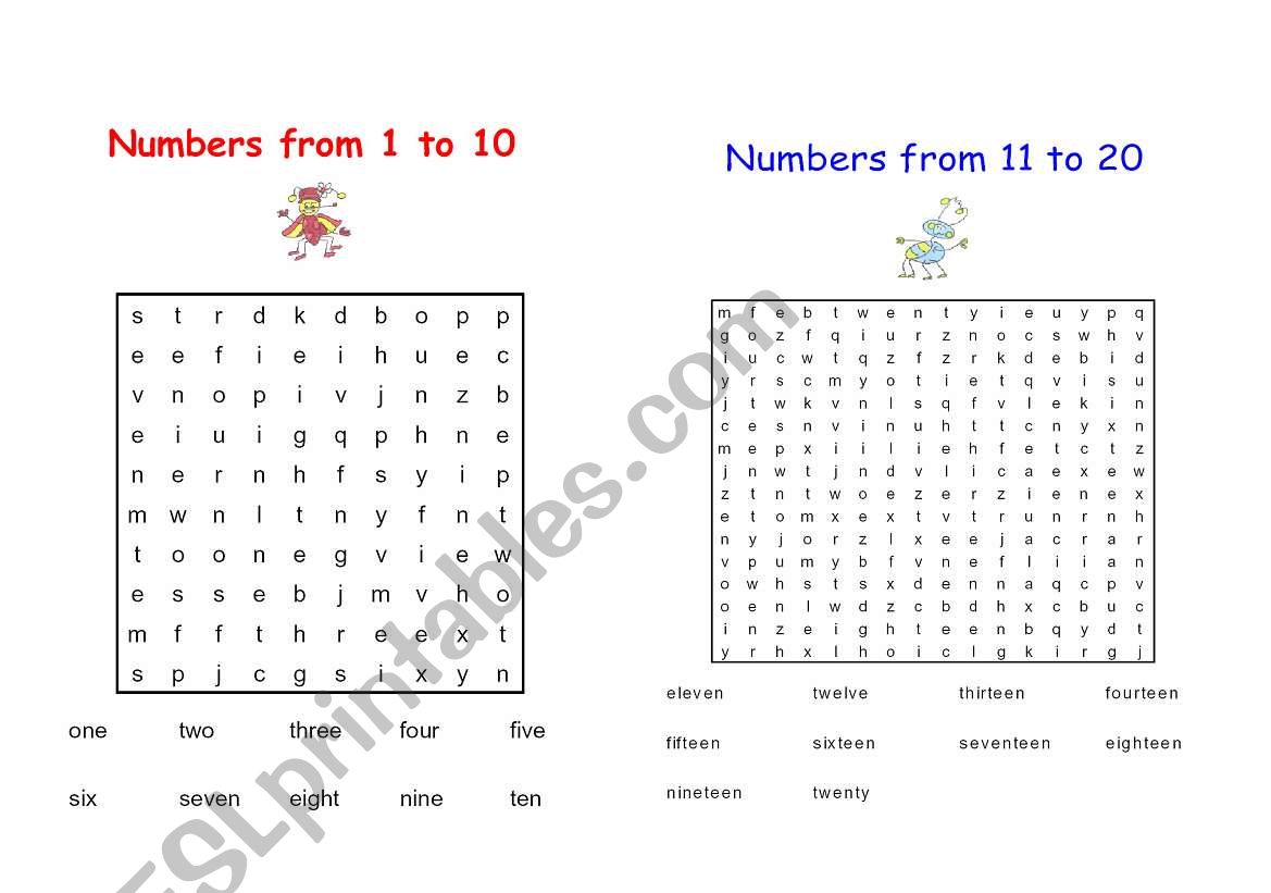 Word Search 1 to 20 worksheet