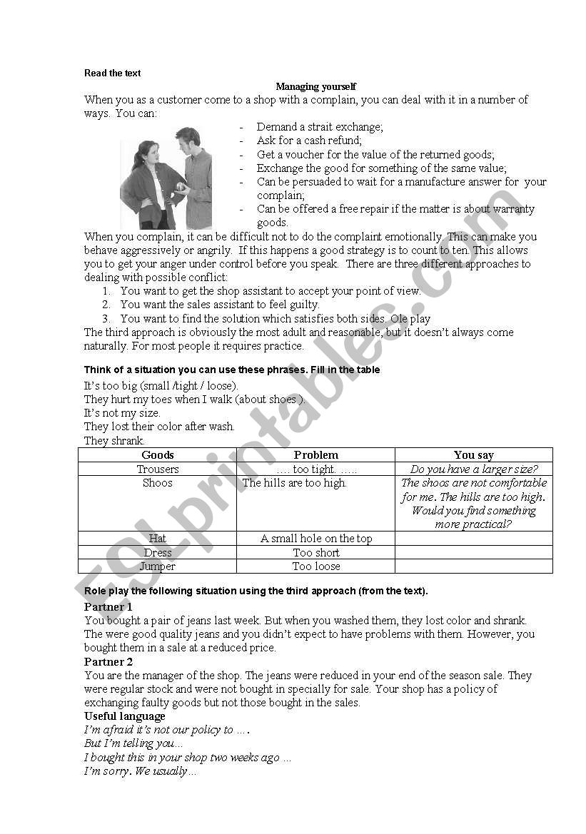 complainig in a clothes shop worksheet