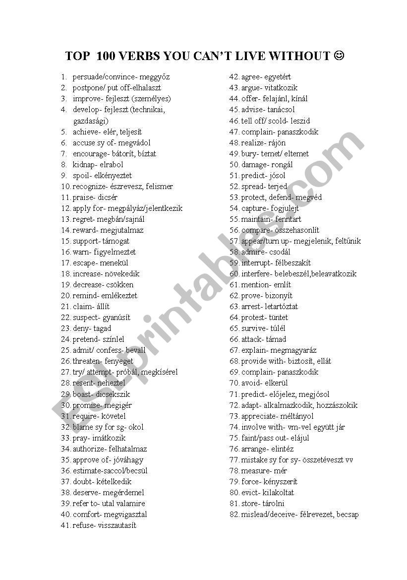 top 100 verbs worksheet
