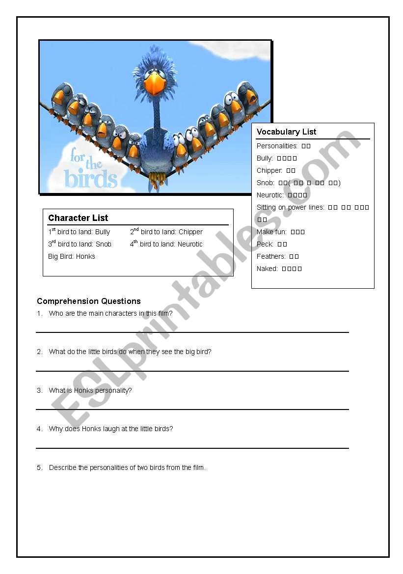 For the Birds Pixar Short worksheet