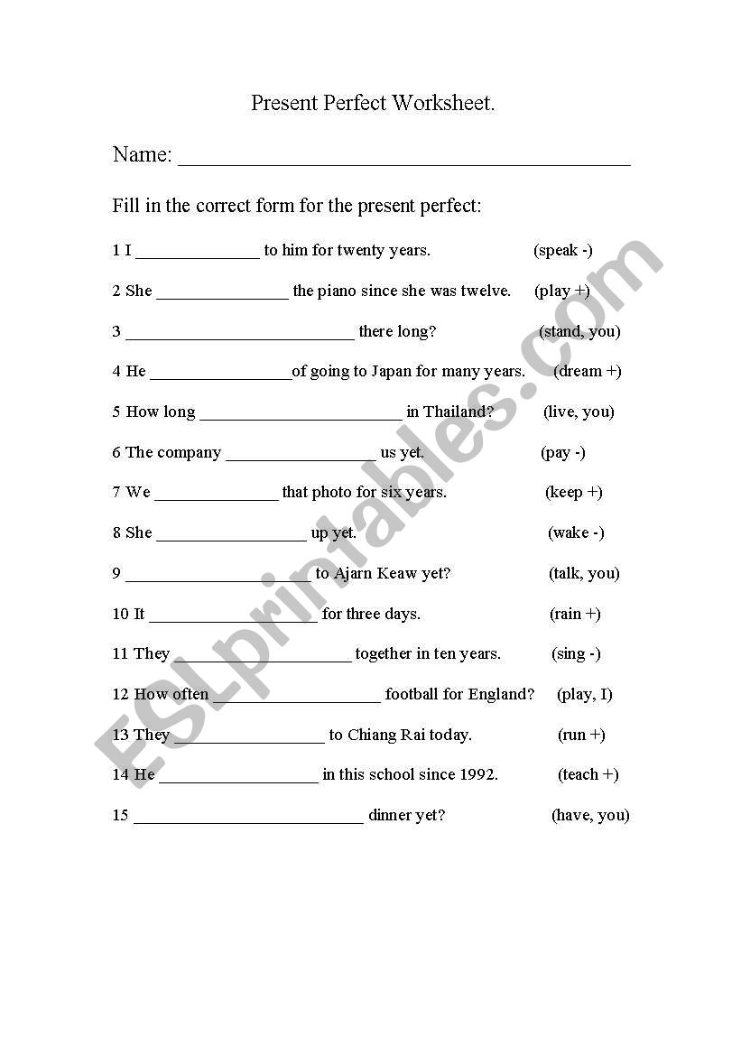 Present Perfect worksheet worksheet
