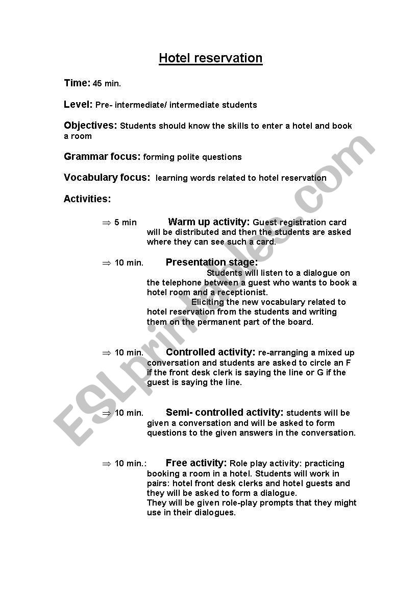 hotel reservation worksheet