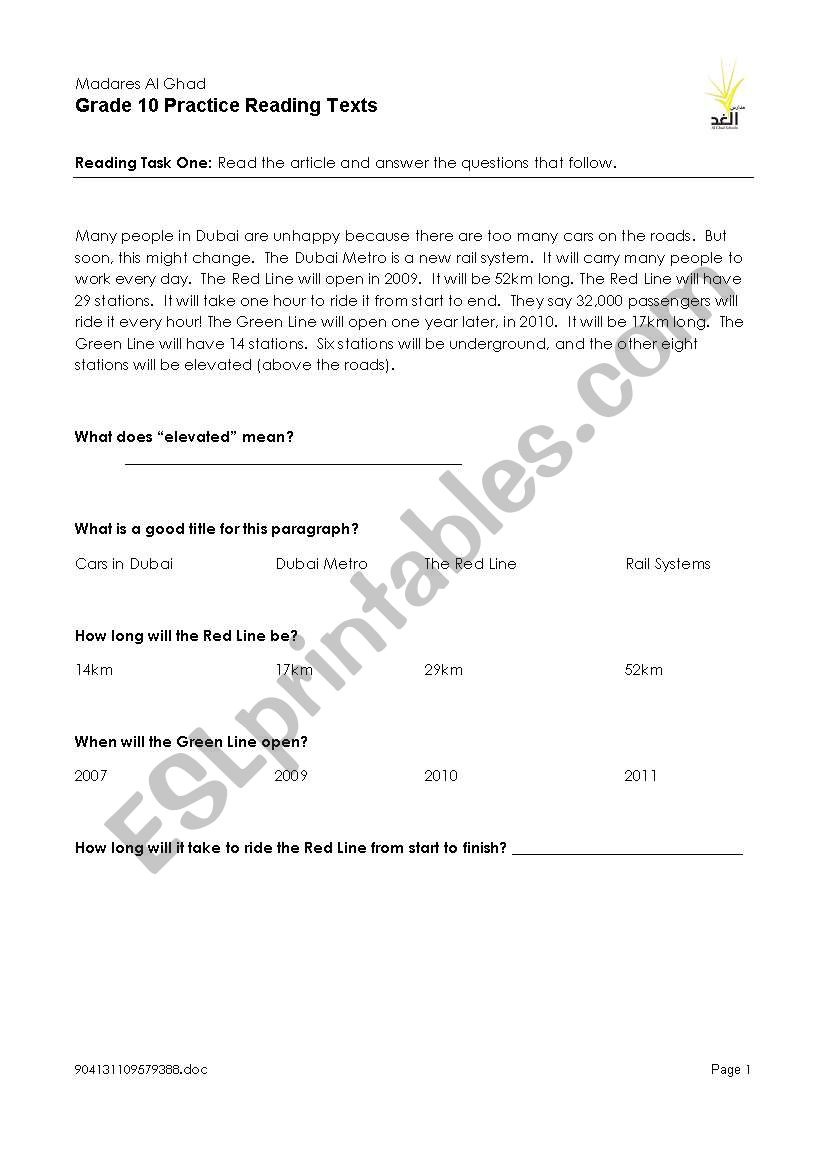 Reading texts worksheet
