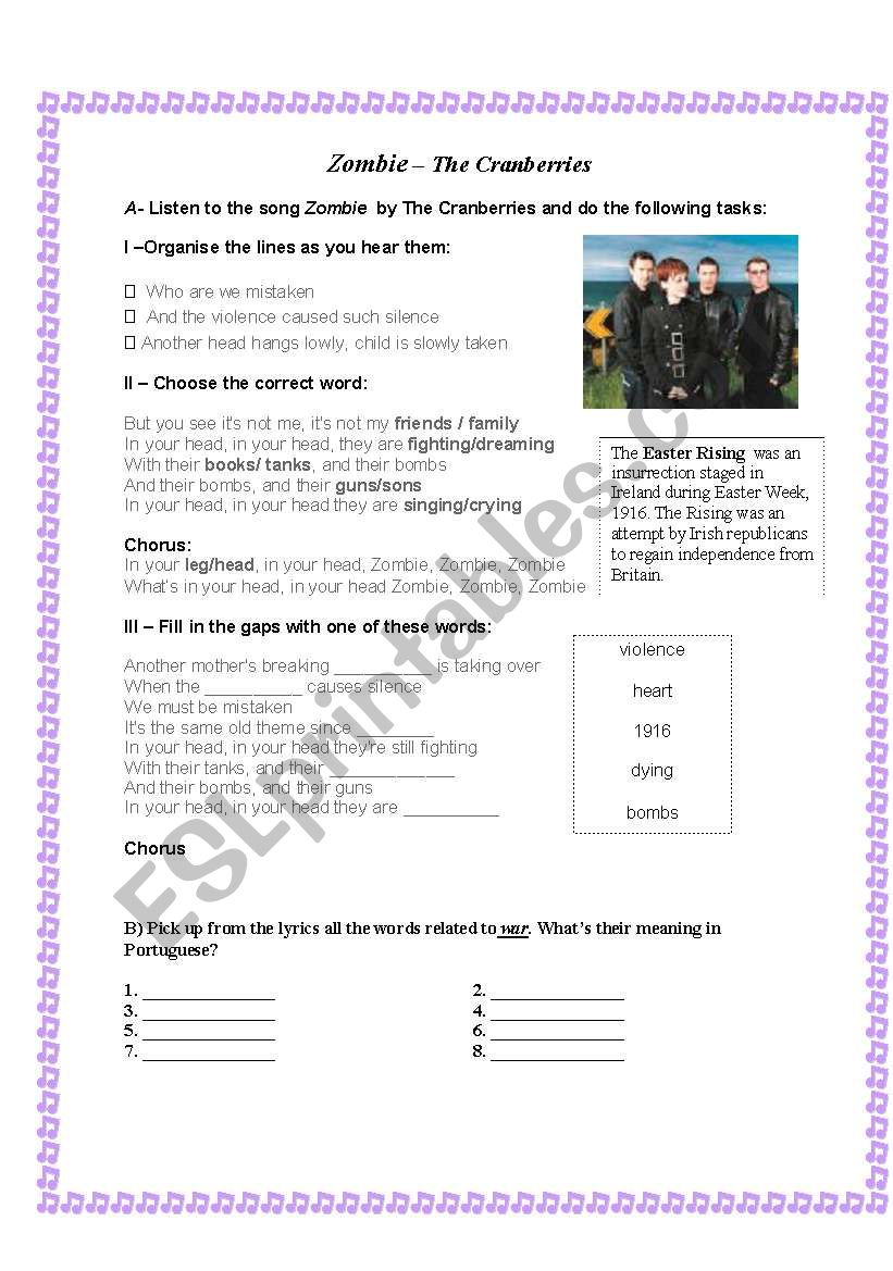 Zombie Lyrics by The Cranberries - ESL worksheet by jonnyc81