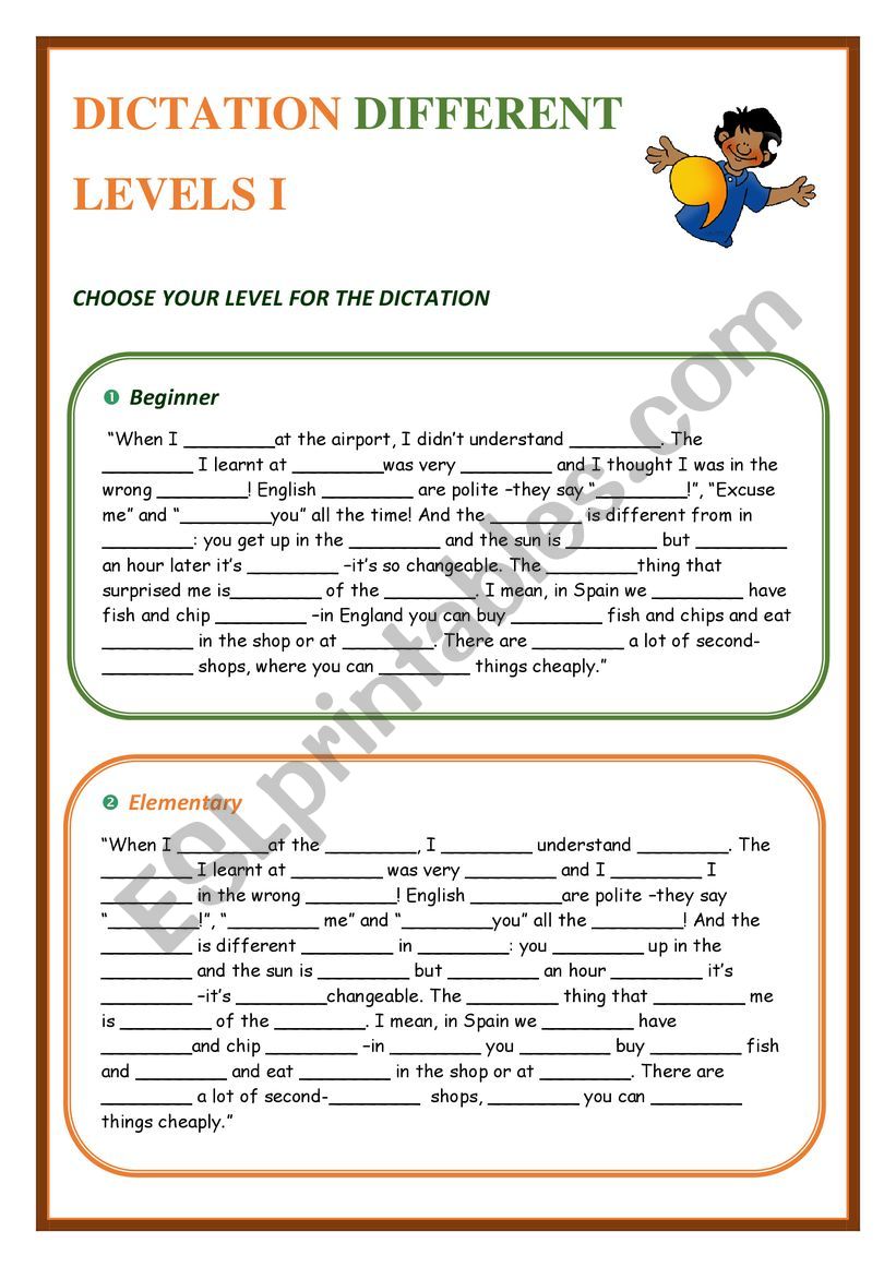 Dictation different levels worksheet