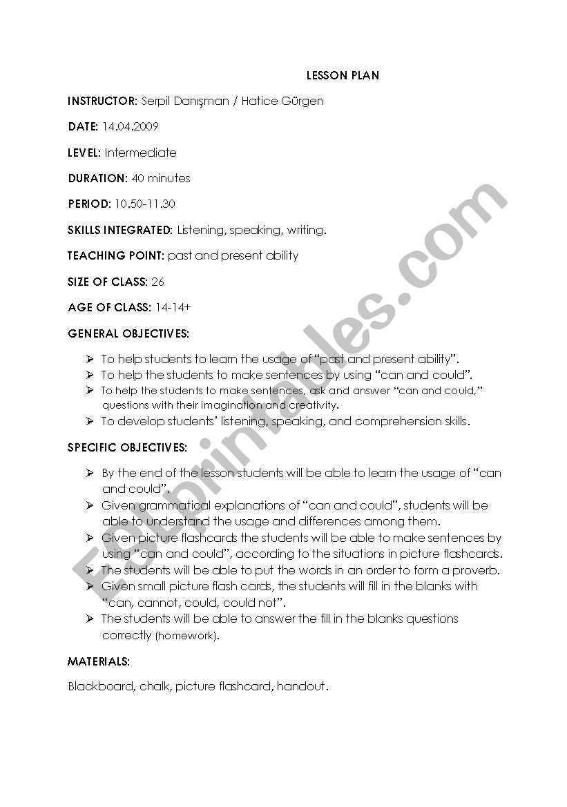 can, could lesson plan worksheet