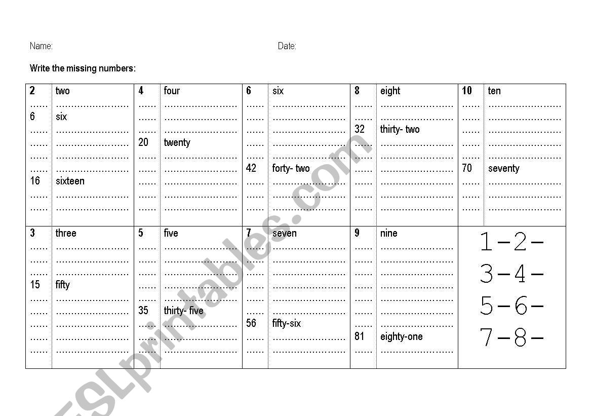 numbers worksheet