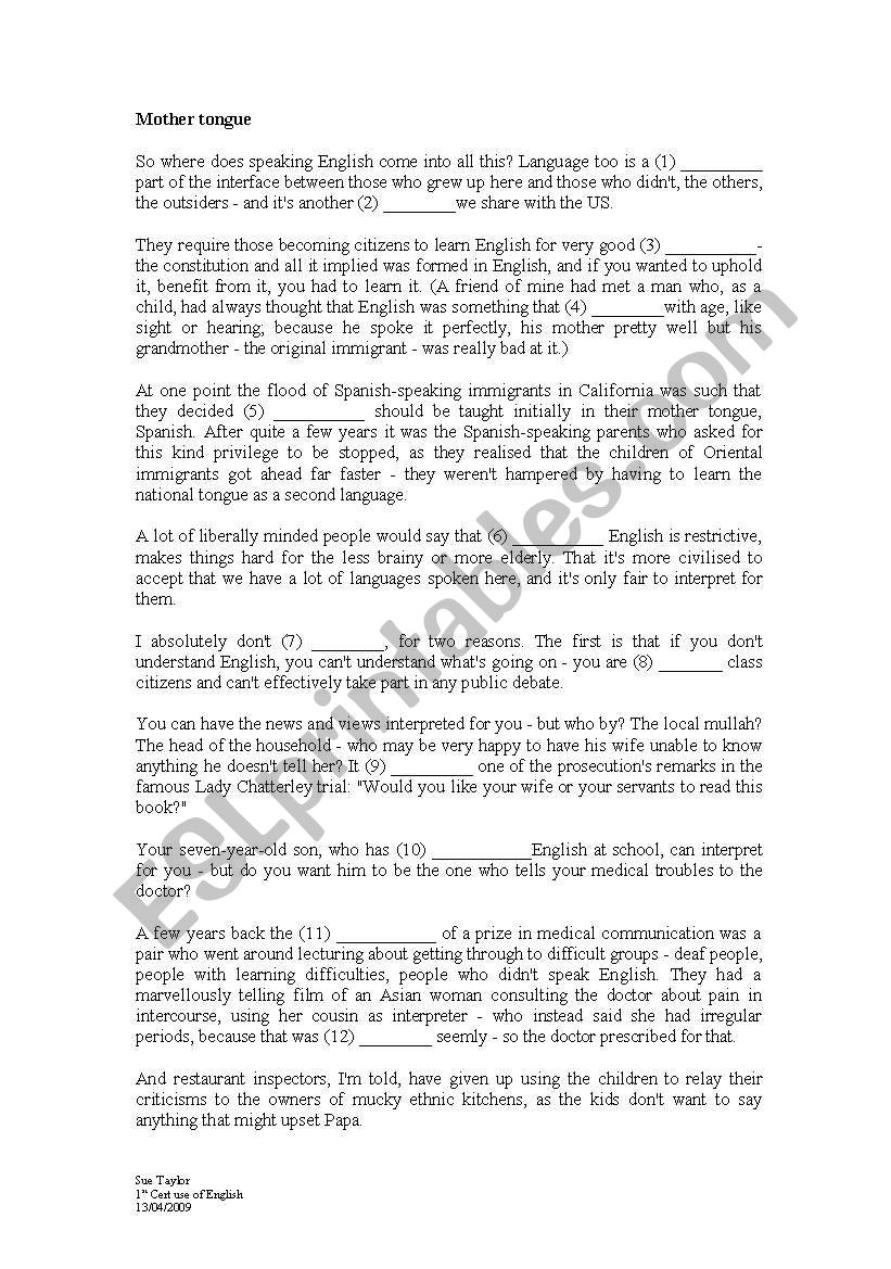 Mother tongue worksheet