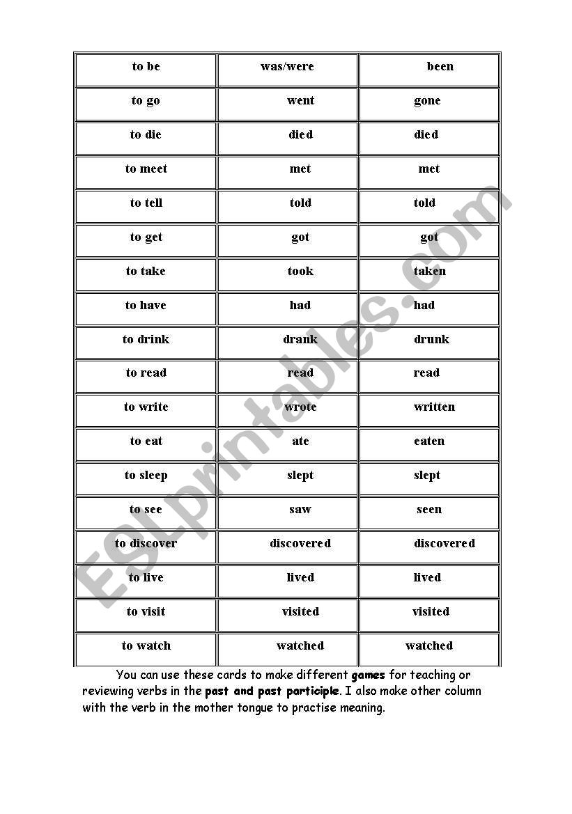 Vebs tense list for matching and memory games.