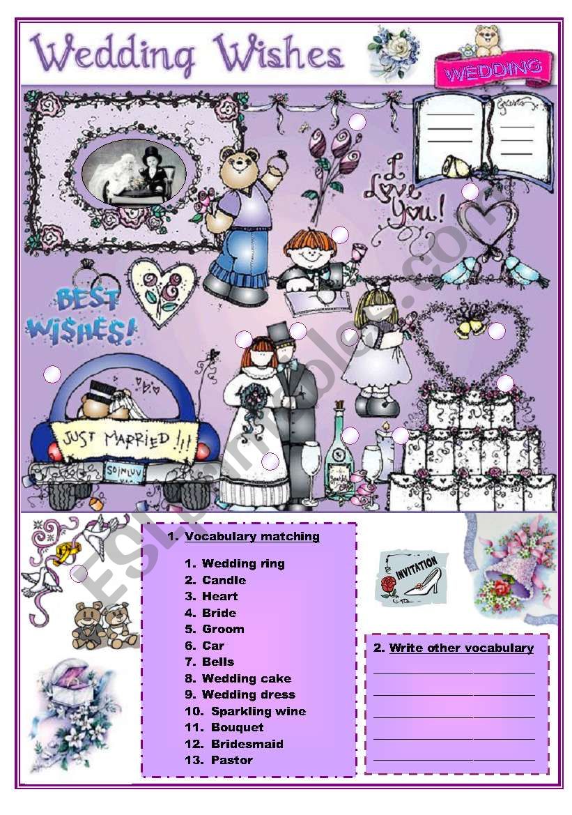 WEDDING VOCABULARY (8 pages) Adjectives, verbs, adverbs synonyms