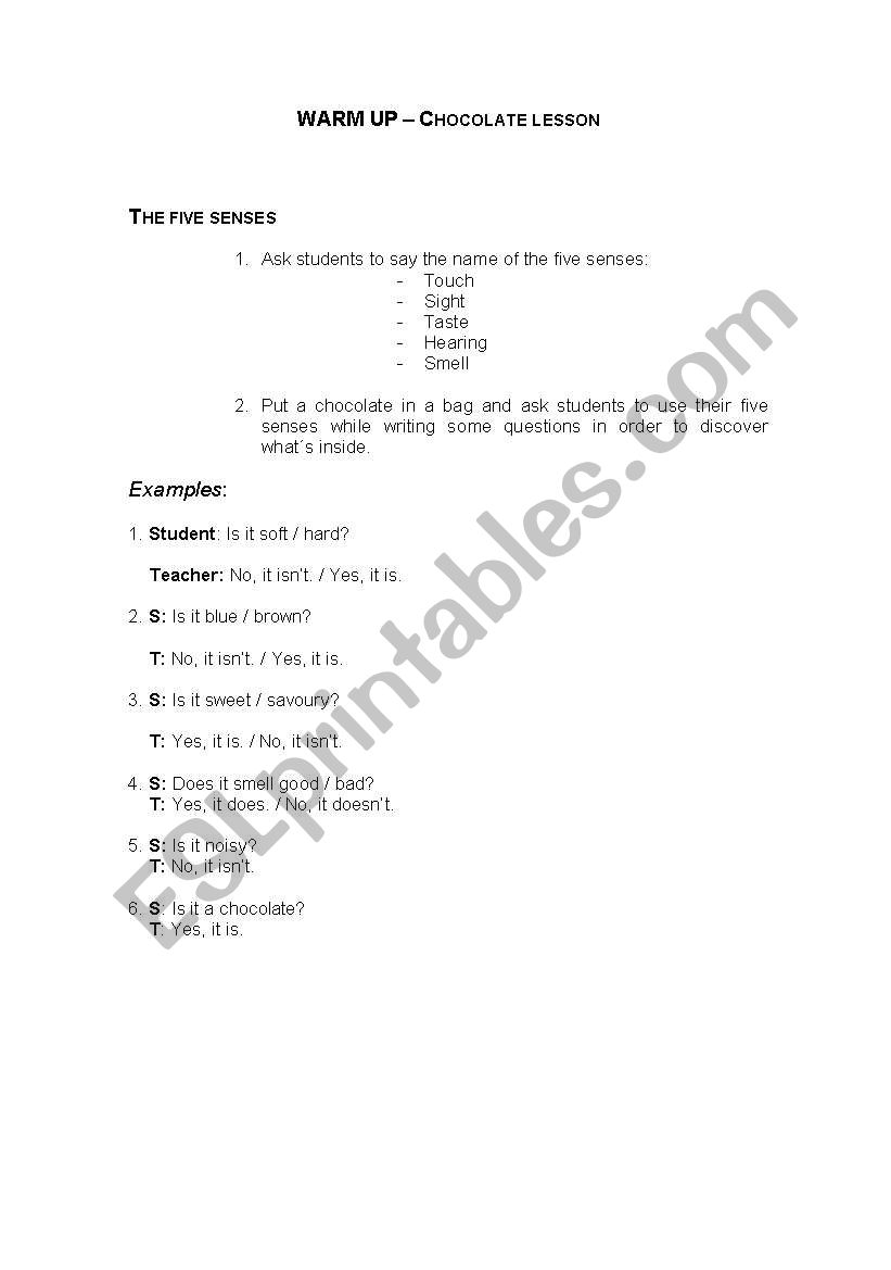 Chocolate Warm up worksheet