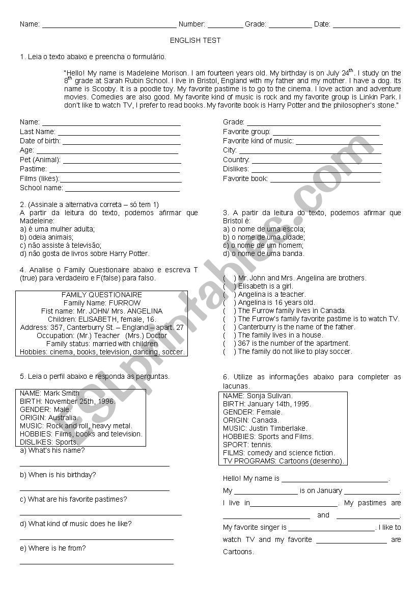 personal information worksheet