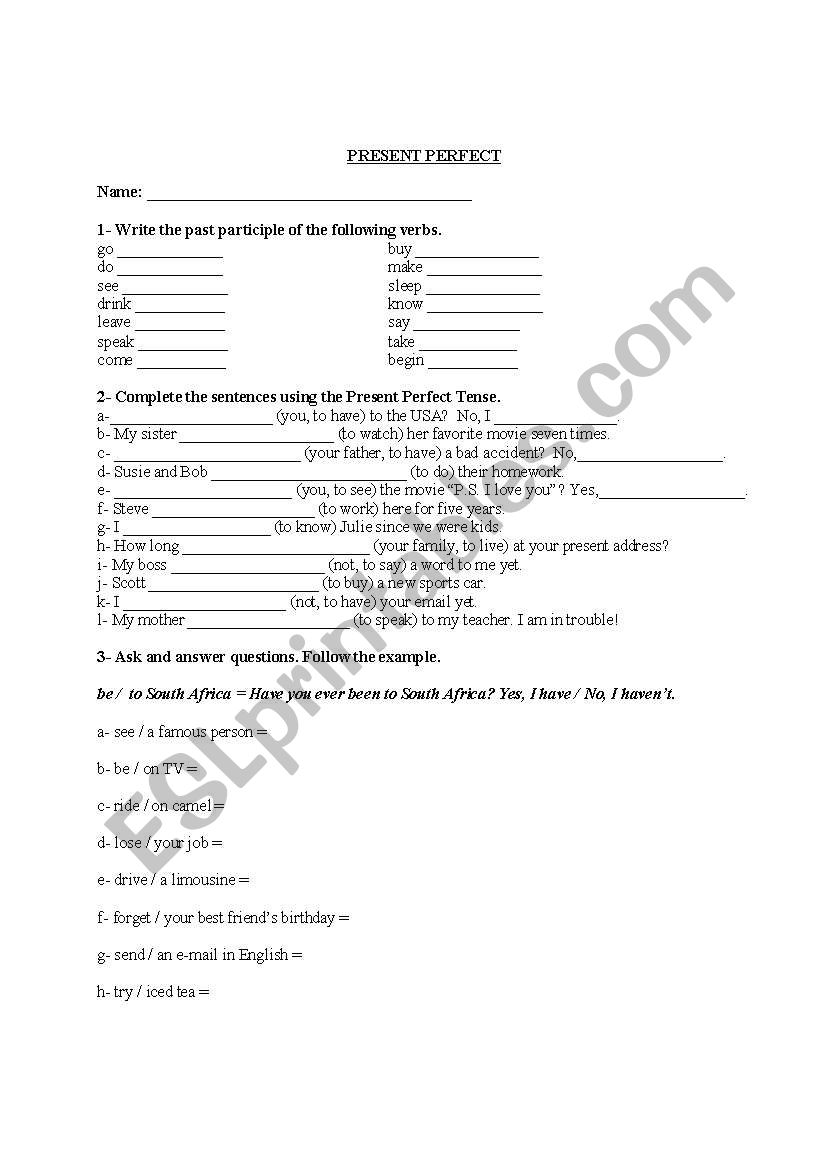 Present Perfect  worksheet