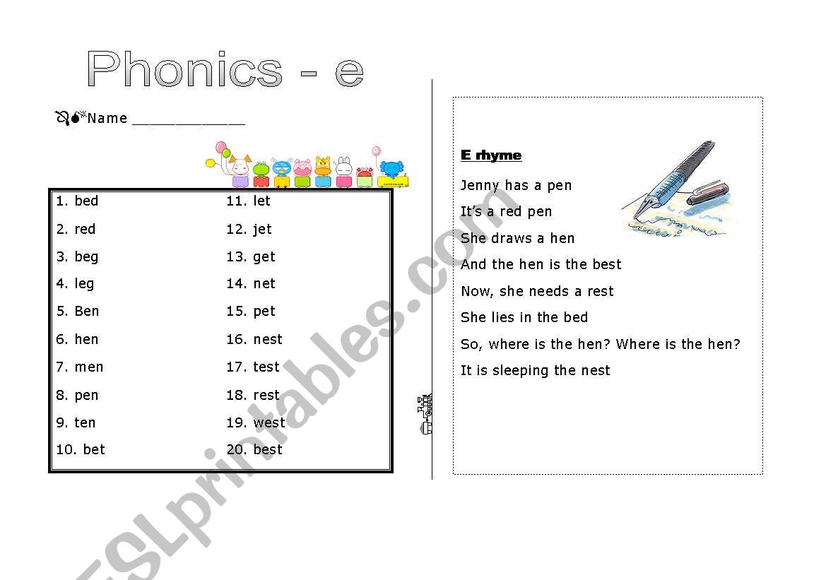 Phonics - e worksheet