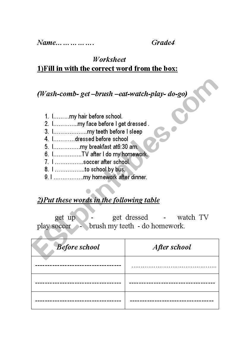 daily activities worksheet