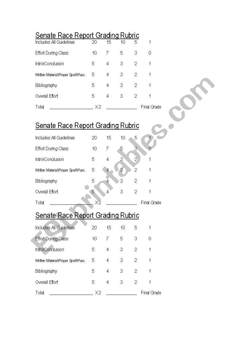 Senate Race Rubric worksheet