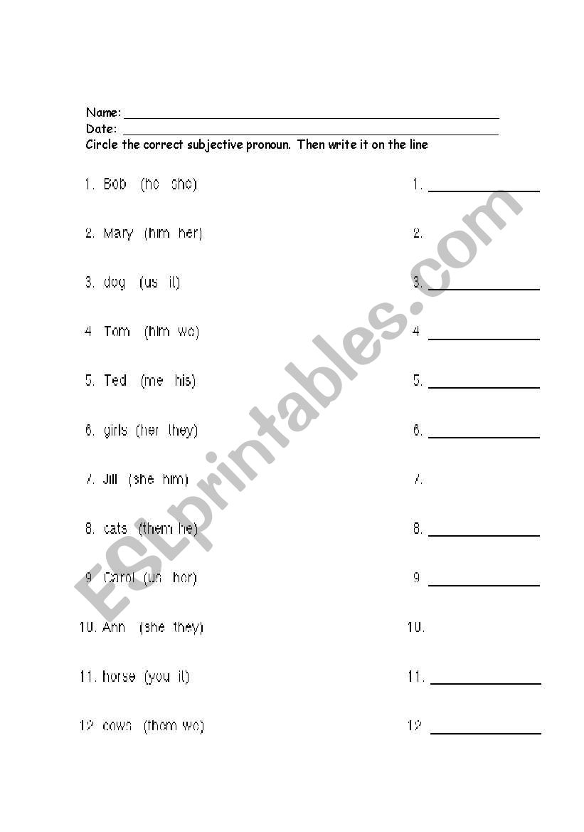 Subjective Pronouns worksheet