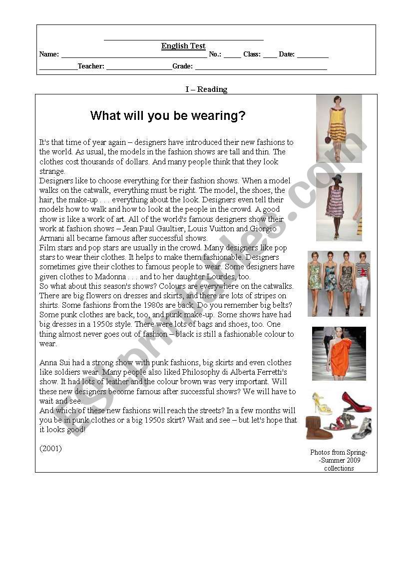 English test on fashion worksheet