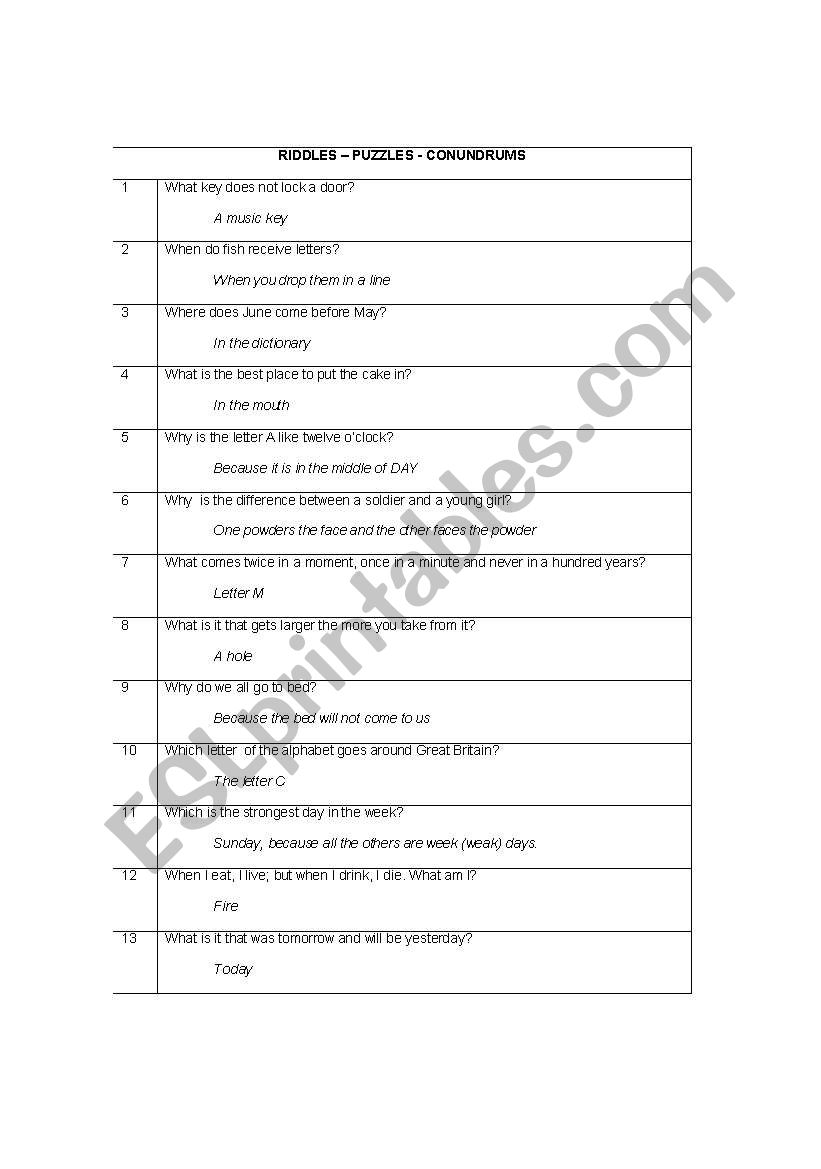 Interesting Riddles worksheet