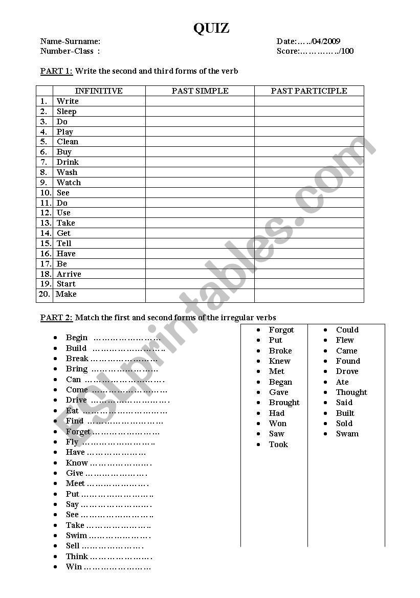 QUIZ ABOUT SECOND AND THIRD FORMS OF THE VERBS