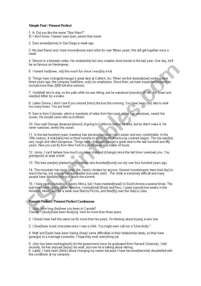 verb tense (all tenses) worksheet