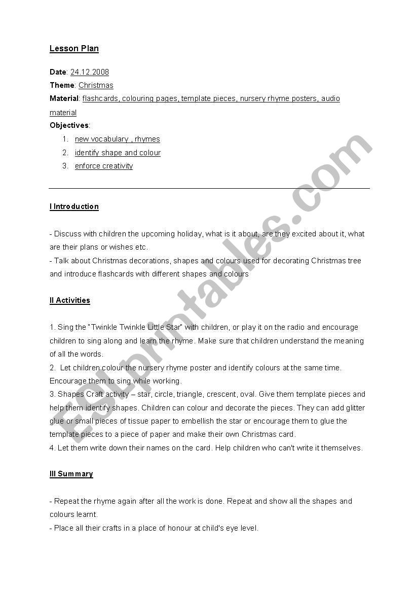 Lesson plan-Christmas worksheet