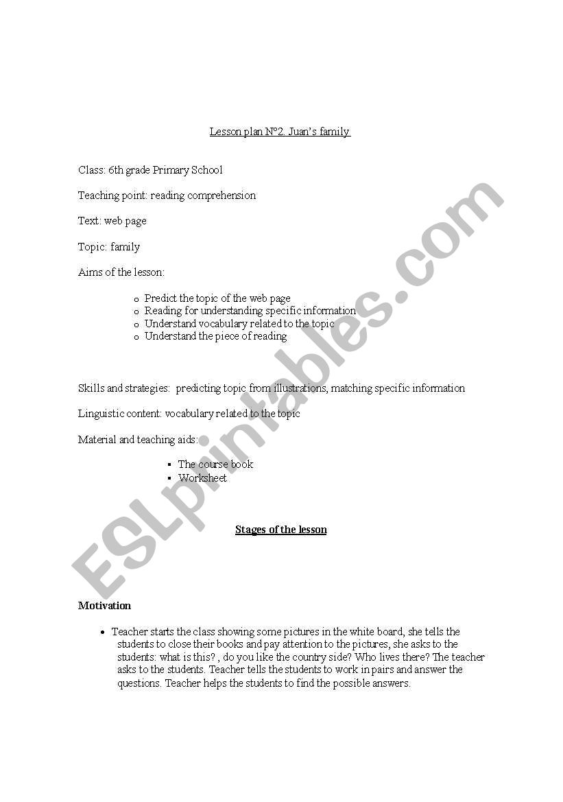 juan´s family lesson plan worksheet