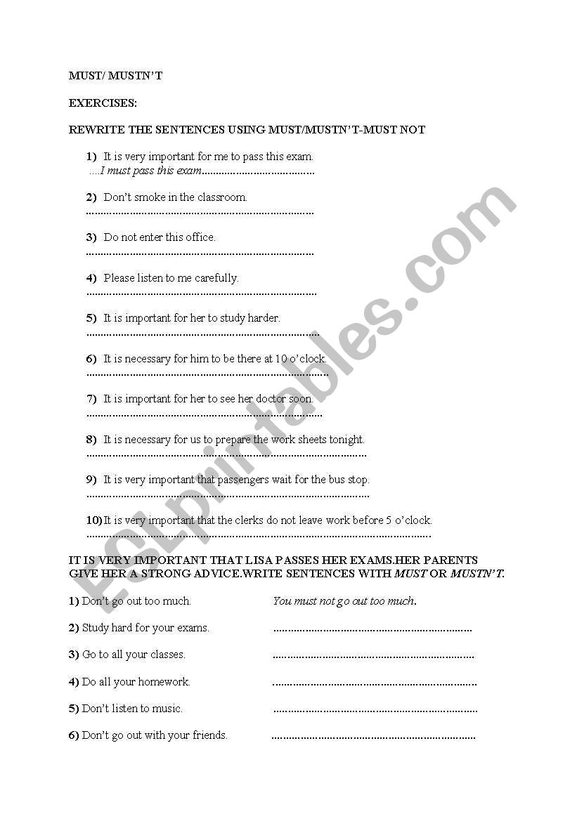 must- mustnt worksheet