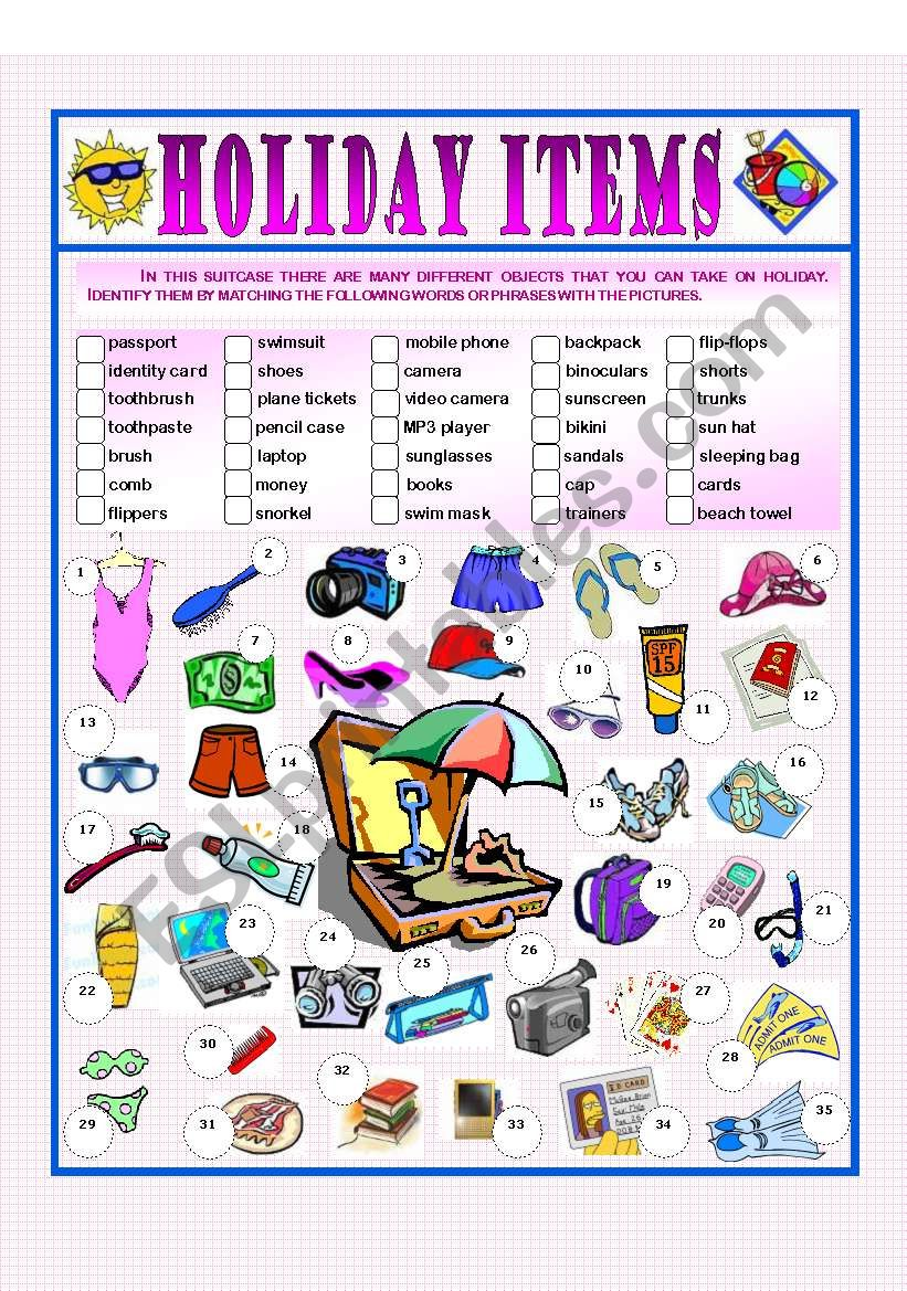 Holiday Items worksheet