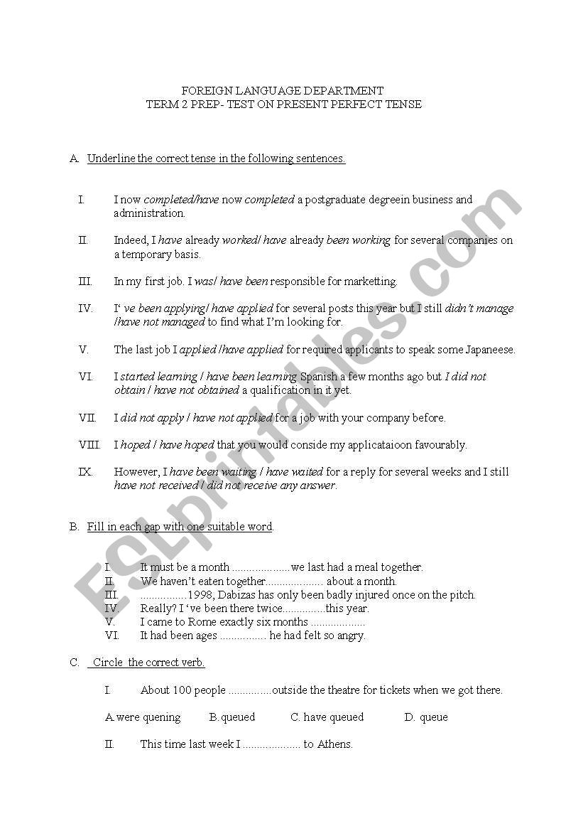 perfect tenses worksheet