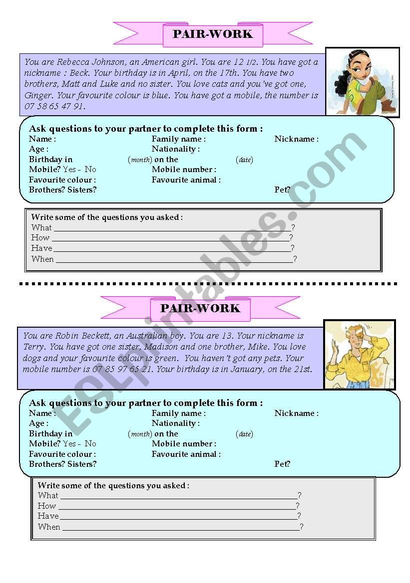 Pair-work - personal information - 2 pages