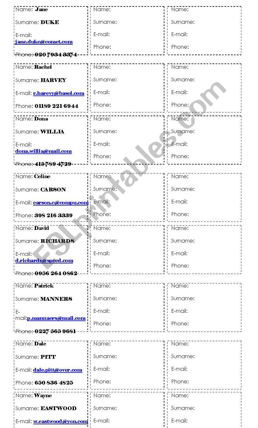 personal information worksheet