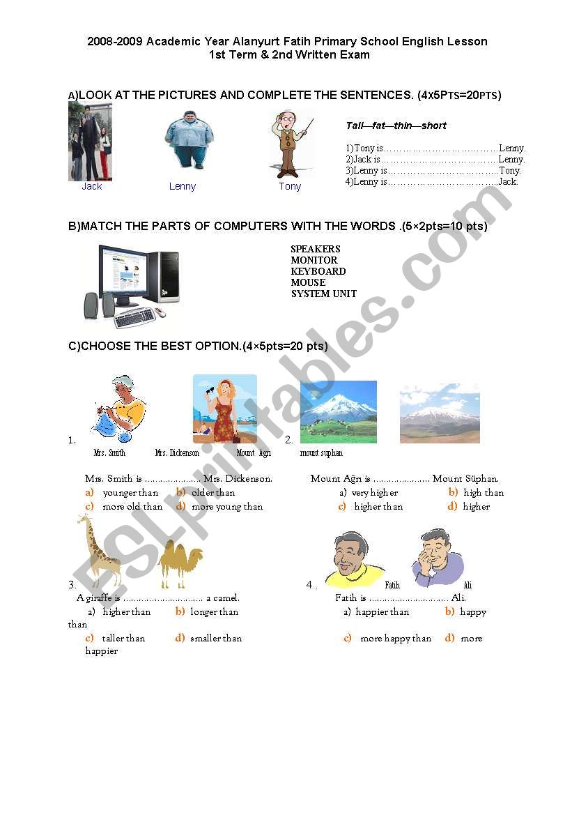 exams about comparatives and computer parts