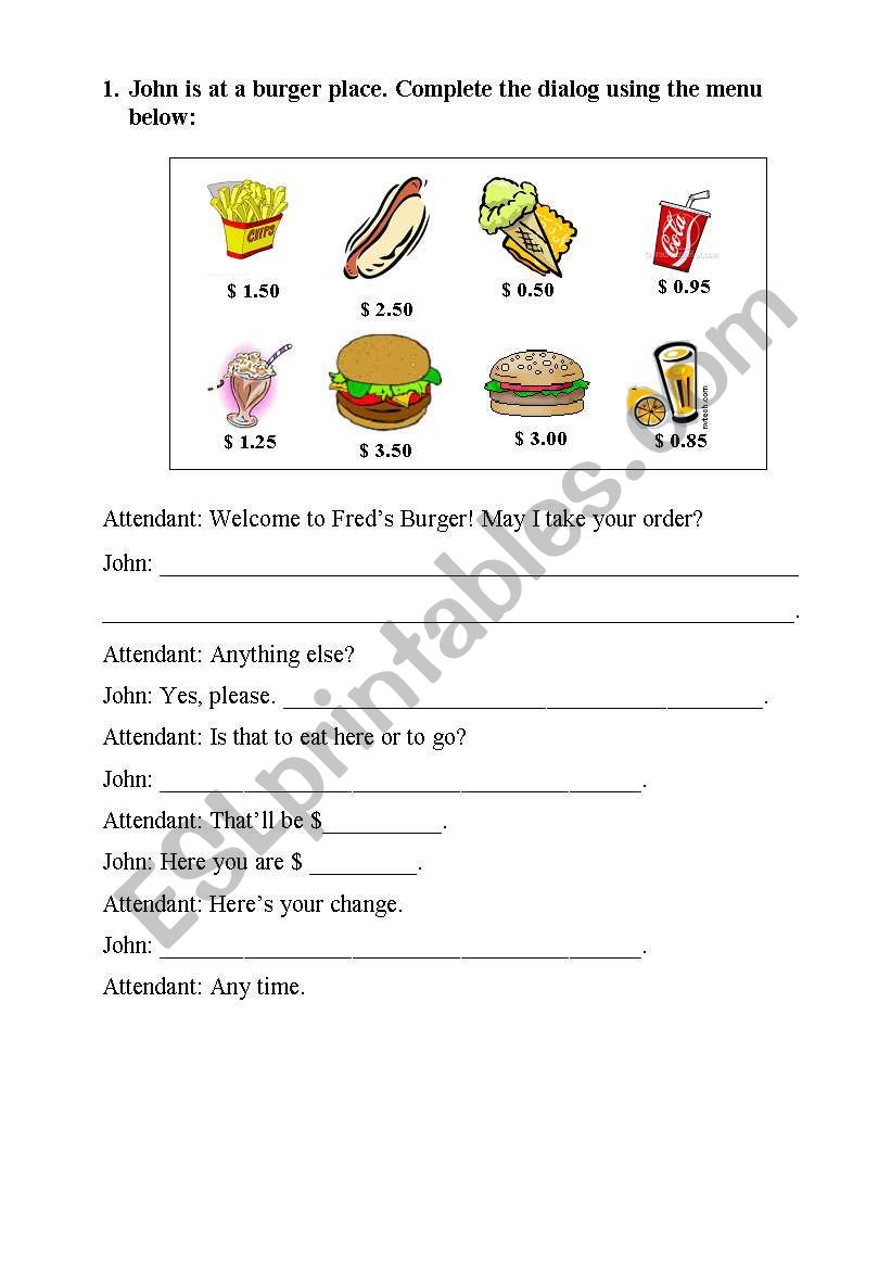 Burger Joint Vocabulary worksheet