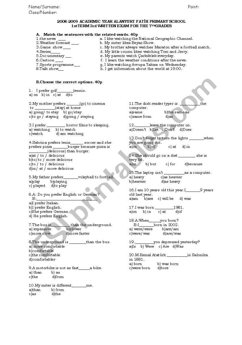 exam about comparative,prefer to,simple past (be),tv programmes